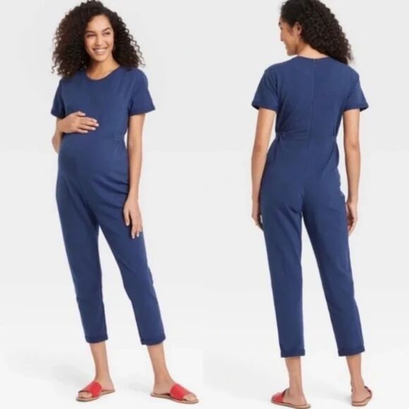 THE NINES BY HATCH Blue Short Sleeve Maternity Jumpsuit Pantsuit Size L Large - Picture 1 of 7